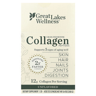 Great Lakes Wellness, Grass-Fed Bovine Collagen Peptides, Unflavoured, 20 Packs, 0.42 oz (12 g) Each