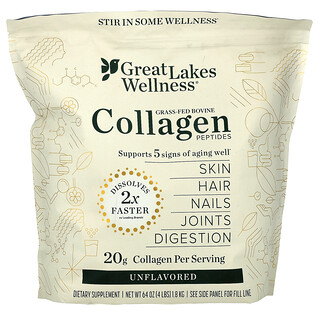 Great Lakes Wellness, Grass-Fed Bovine Collagen Peptides, Unflavoured, 64 oz (1.8 kg)