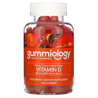 Gummiology, 成年人软糖，维生素 D3 软糖，无明胶，桃子和酸樱桃味，100 粒素食软糖