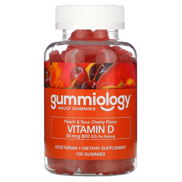 Gummiology, жевательный витамин D3 для взрослых, без желатина, со вкусом персика и вишни, 100 вегетарианских жевательных таблеток