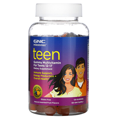 GNC Milestones, Teen Gummy Multivitamin, For Teens 12-17, Natural Assorted Fruit, 120 Gummies