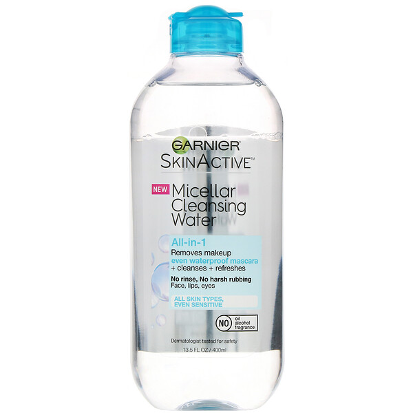 Garnier‏, SkinActive, מי ניקוי מיסלריים, מסירי איפור הכול בתכשיר אחד, אפילו מסקרה עמידה במים, לכל סוגי העור, 400 מ"ל (13.5 אונקיות נוזל)