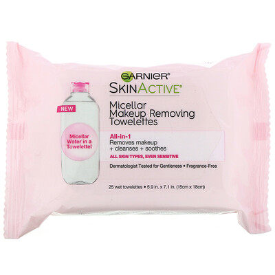 Garnier SkinActive, мицеллярные салфетки для снятия макияжа, «все в 1», 25 влажных салфеток