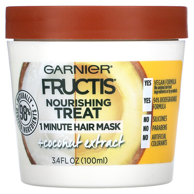 

Garnier, Fructis, Nourishing Treat, 1 Minute Hair Mask + Coconut Extract, 3.4 fl oz (100 ml)