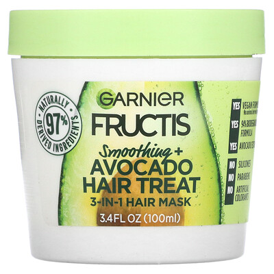 Garnier, Fructis, Smoothing + Avocado Hair Treatment, 3-In-1 Hair Mask, 3.4 fl oz (100 ml)