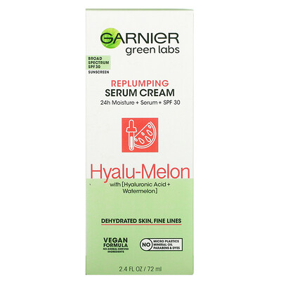 Garnier Green Labs, Replumping Serum Cream, Hyalu-Melon, SPF 30, 2.4 fl oz (72 ml)