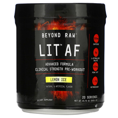 GNC Beyond Raw Beyond Raw, LIT AF, Clinical Strength Pre-Workout, Lemon Ice, 15.75 oz (446.4 g)