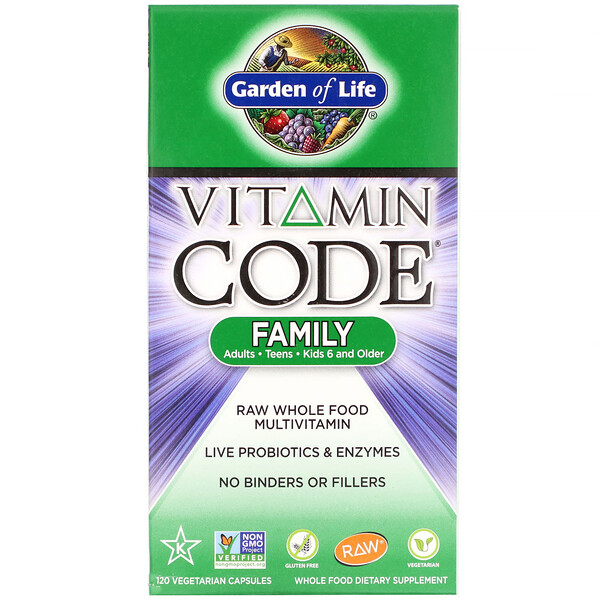 Garden of Life, Vitamin Code, 가족용, 무가공 천연 식품 종합비타민, 베지 캡슐 120정