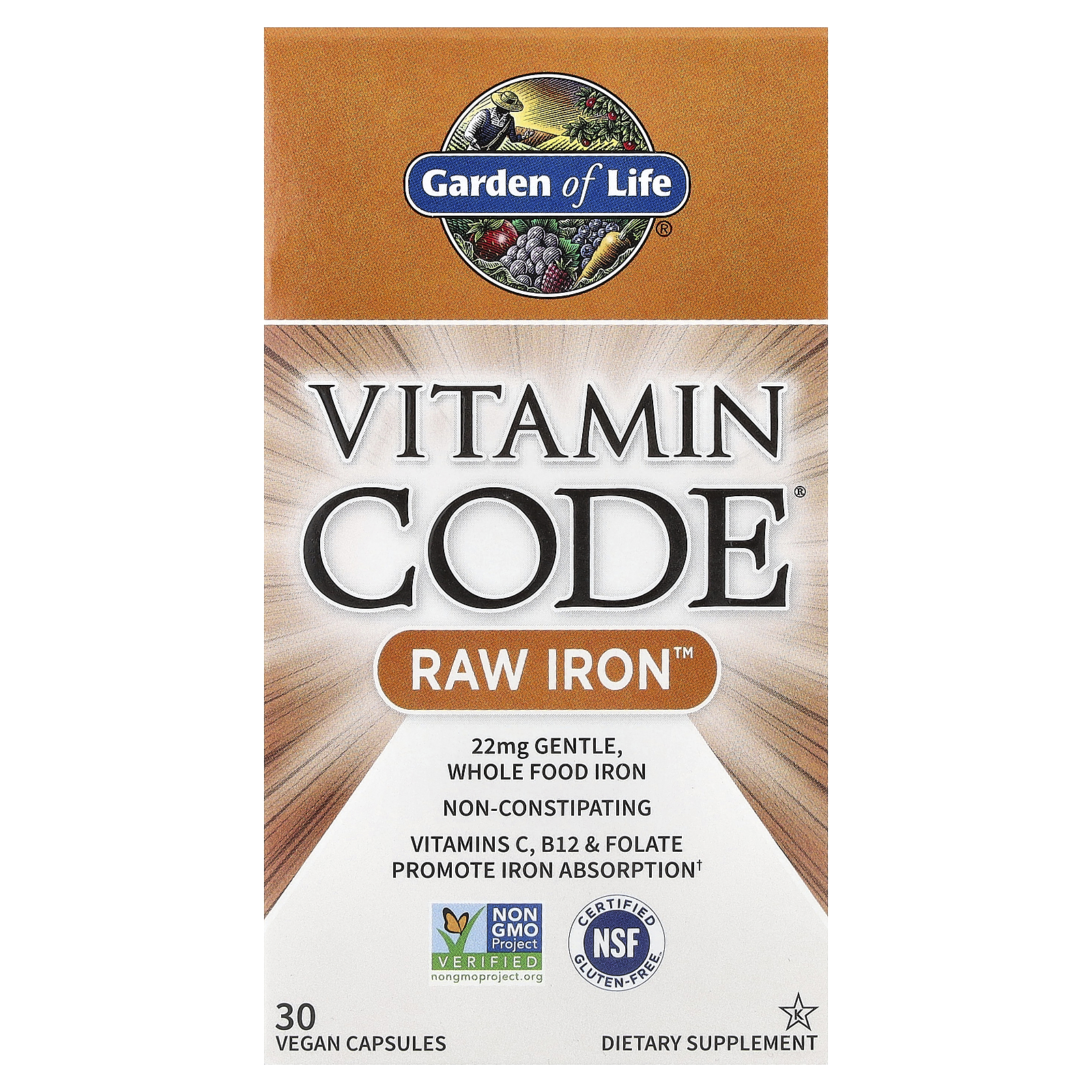 Garden of Life (가든오브라이프), Vitamin Code, RAW Iron, 베지 캡슐 30정