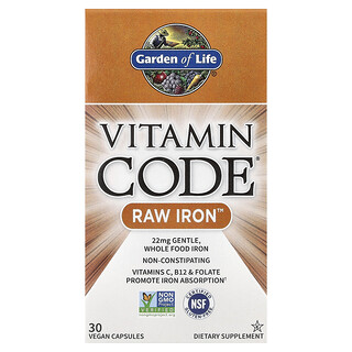 Garden of Life, Vitamin Code, необработанное железо, 30 веганских капсул