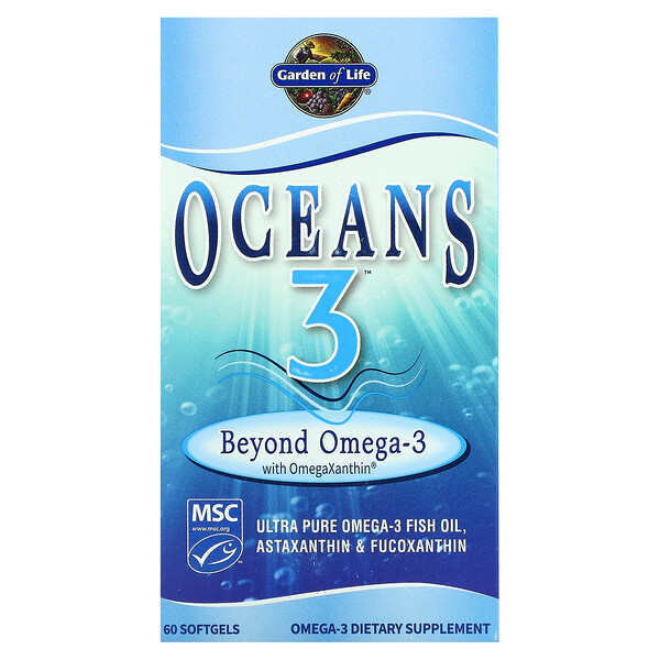 Garden of Life‏, Oceans 3, Beyond Omega-3 עם OmegaXanthin, 60 כמוסות ג'ל