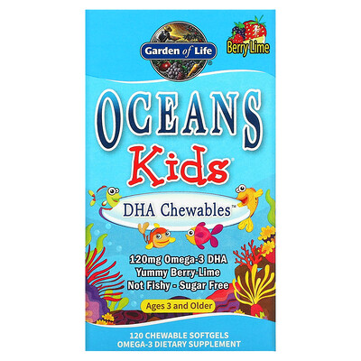 Garden of Life Oceans Kids DHA Chewables от 3 лет и старше вкус ягод и лайма 120 мг 120 жевательных мягких таблеток