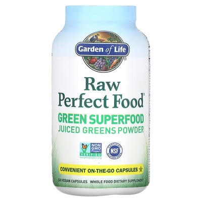 

Garden of Life RAW Perfect Food, Green Superfood, порошок сочной зелени, 240 веганских капсул