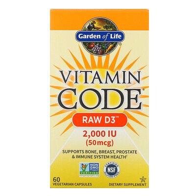 Garden of Life Vitamin Code, RAW D3, 50 мкг (2000 МЕ), 60 вегетарианских капсул