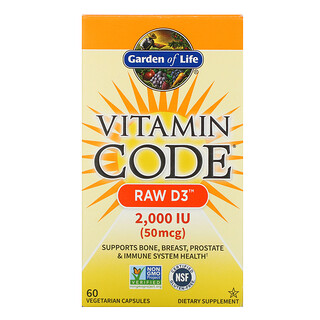 Garden of Life, Vitamin Code, RAW D3، بحجم 50 مكجم (2000 وحدة دولية)، 60 كبسولة نباتية