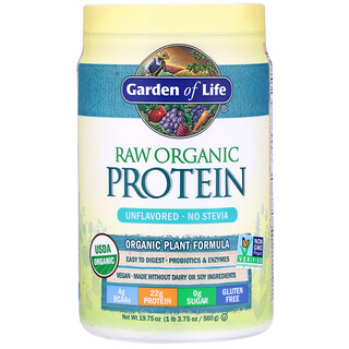 Garden of Life, Proteína orgánica cruda RAW, Fórmula vegetal orgánica, Sin sabor, 560 g (19,75 oz)