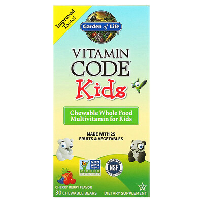 

Garden of Life Vitamin Code, для детей, жевательные цельнопищевые мультивитамины, вишня, 30 жевательных мишек