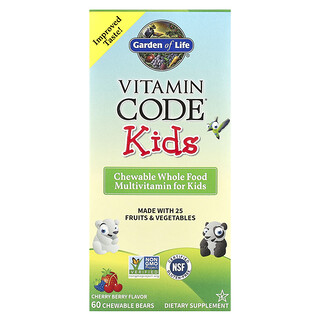 Garden of Life, Vitamin Code® para niños, Suplemento multivitamínico masticable con alimentos integrales, Cereza y bayas, 60 ositos masticables