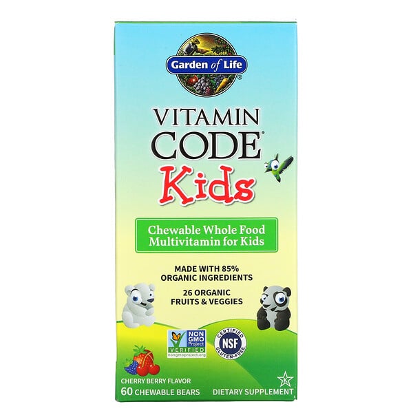 Garden of Life, Vitamin Code, для детей, жевательные цельнопищевые мультивитамины для детей, вишня, 60 жевательных мишек