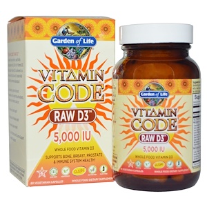 Garden of Life, витаминный код , RAW D3, 5,000 МЕ, 60 вегетарианских капсул