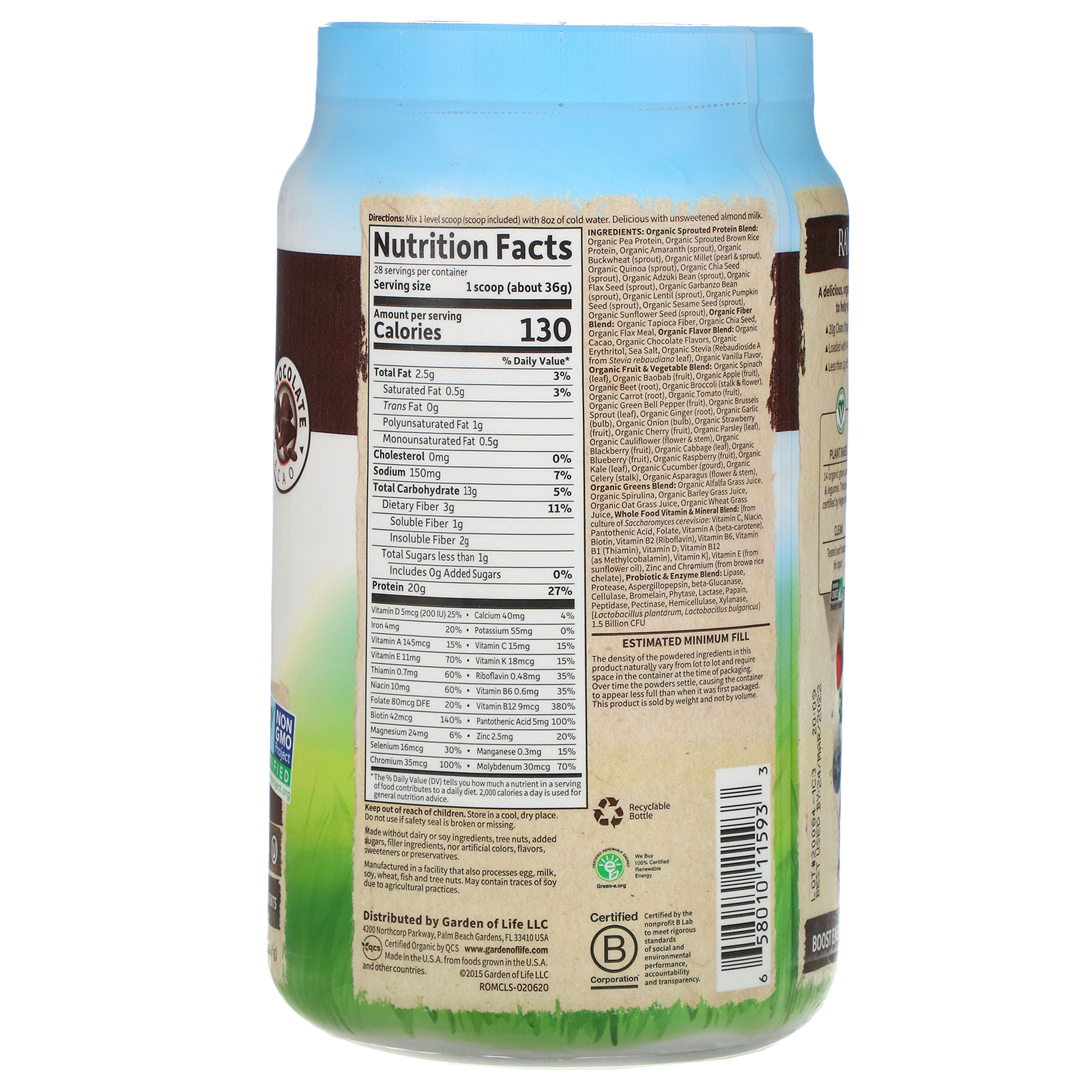 Garden of Life, RAW Organic Meal, Shake & Meal Replacement, Chocolate Cacao, 2 lb 4 oz (1,017 g