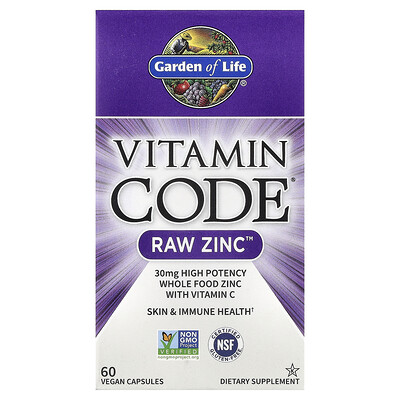Garden of Life, Vitamin Code®, RAW Zinc™, Suplemento de zinc con vitamina C, 60 cápsulas veganas