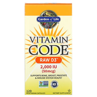 Garden of Life, Vitamin Code, RAW D3, Suplemento alimentario con vitamina D3, 50 mcg (2000 UI), 120 cápsulas vegetales