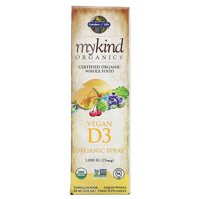 Garden of Life MyKind Organics, веганский органический спрей с D3, ваниль, 25 мкг (1000 МЕ), 58 мл (2 жидк. унции)