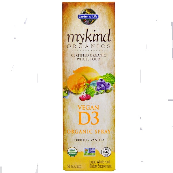 Garden of Life, Kind Organics, Веганский D3, ванильный спрей, 2 унции (60 мл)