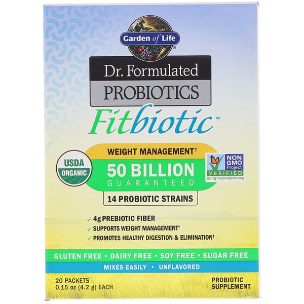 Garden of Life, Organic, Dr. Formulated Probiotics Fitbiotic, Unflavored, 20 Packets, 0.15 oz (4.2 g) Each