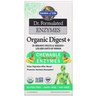 Garden of Life, В веганском протеине Dr. Сформулированные ферменты, Organic Digest +, вкус тропических фруктов, 90 жевательных таблеток