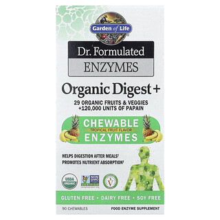 Garden of Life, Enzimas formuladas por un médico, Producto orgánico para favorecer la digestión+, Sabor a frutas tropicales, 90 comprimidos masticables