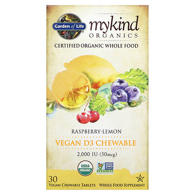 

Garden of Life MyKind Organics, веганский витамин D3, со вкусом малины и лимона, 2000 МЕ, 30 вегетарианских жевательных таблеток