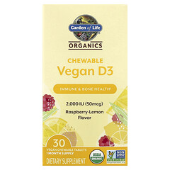 Organics, веганські жувальні таблетки з D3, малина й лимон, 30 веганських жувальних таблеток