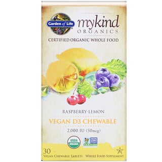 Garden of Life, MyKind Organics, Vitamina D3 vegana, Frambuesa y limón, 50 mcg (2000 UI), 30 comprimidos masticables veganos