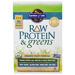 Garden of Life, Сырой Протеин и Зелень, Органическая Расительная Формула, Подслащенный, 10 пакетов, по 1,1 унции (33 г) Каждый
