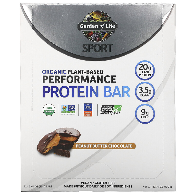 Garden of Life, Sport, Organic PlantBased Performance Protein Bar, Peanut Butter Chocolate, 12