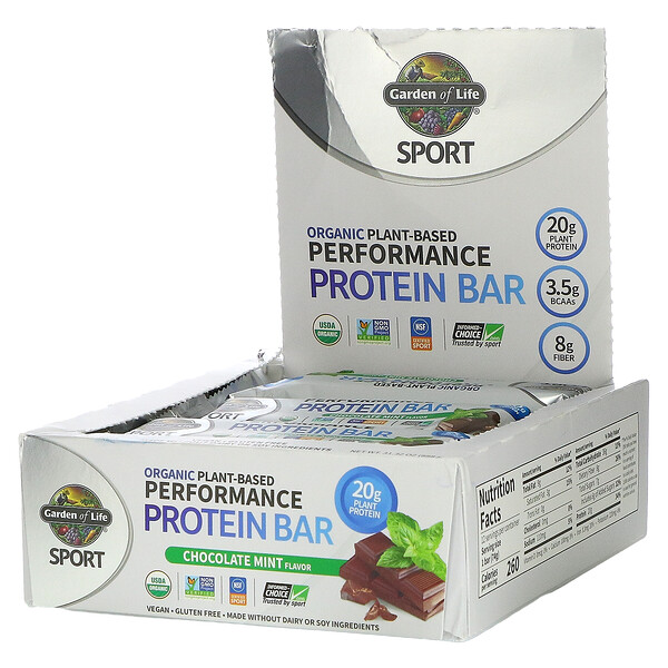 Sport, Organic Plant-Based Performance Protein Bar, Leistungsproteinriegel auf Bio-Pflanzenbasis, Schokolade-Minze, 12 Riegel, je 70 g (2,46 oz.)
