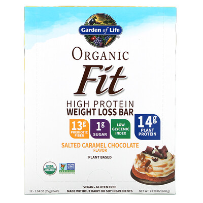 

Garden of Life, Organic Fit, High Protein Weight Loss Bar, Salted Caramel Chocolate, 12 Bars, 1.94 oz (55 g) Each