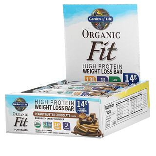 Garden of Life, Organic Fit, Barre hyperprotéinée pour la perte de poids, Beurre de cacahuète et chocolat, 12 barres, 55 g par barre