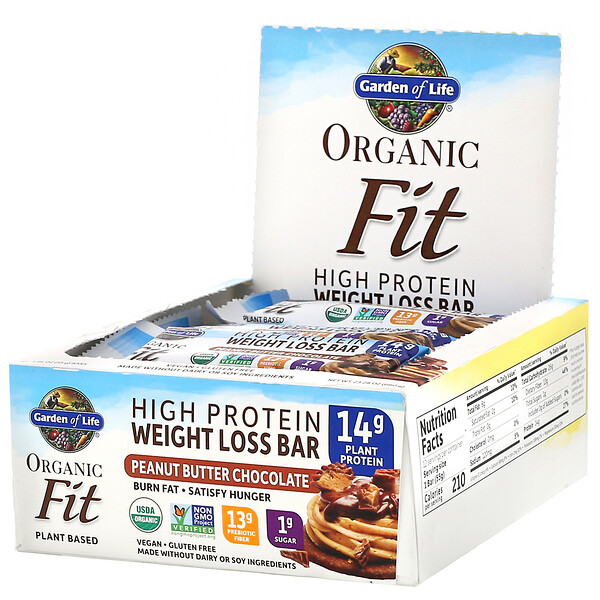 Garden of Life, Organic Fit, Riegel mit hohem Proteingehalt zur Gewichtsreduktion, Erdnussbutter-Schokolade, 12 Riegel, je 1,94 oz. (55 g)