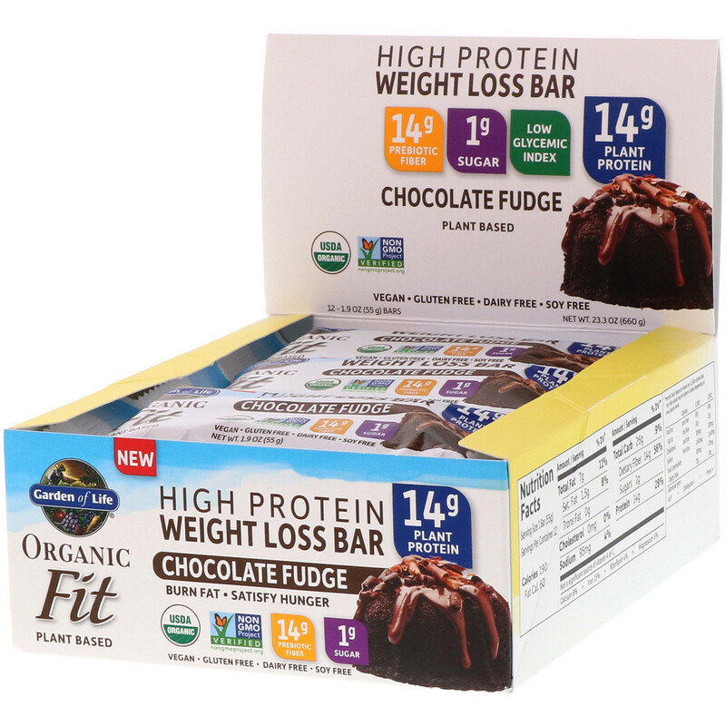 Garden of Life, Organic Fit, High Protein Weight Loss Bar, Chocolate Fudge, 12 Bars, 1.9 oz (55