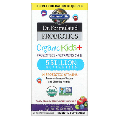 

Garden of Life Dr. Formated Probiotics, Organic Kids +, вкусные органические ягоды и вишня, 30 вкусных жевательных таблеток