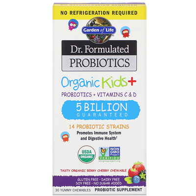 Garden of Life Dr. Formulated Probiotics, Organic Kids +, со вкусом органических ягод и вишни, 30 вкусных жевательных таблеток