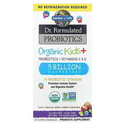 Product Image for Garden of Life, Dr. Formulated Probiotics, Organic Kids + Probiotics + Vitamins C & D, Tasty Organic Berry Cherry, 30 Yummy Chewables