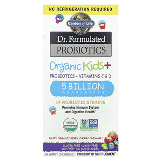 غاردن أوف لايف‏, بروبيوتيك معد بواسطة تركيبة طبية متخصصة، Organic Kids +، بنكهة التوت والكرز العضوي اللذيذ، 30 قطعة لذيذة قابلة للمضغ