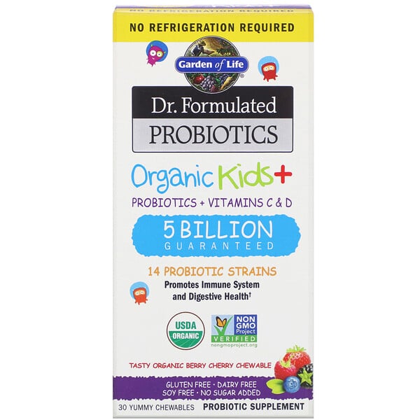 Garden of Life, Dr. Formulated Probiotics, Organic Kids +, со вкусом органических ягод и вишни, 30 вкусных жевательных таблеток