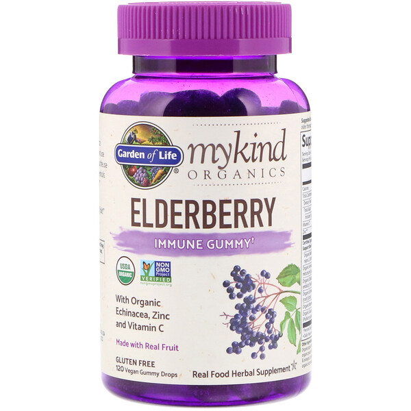 MyKind Organics, Elderberry, Fruchtgummis für die Immungesundheit, Holundergeschmack, 120 vegane Gummidrops