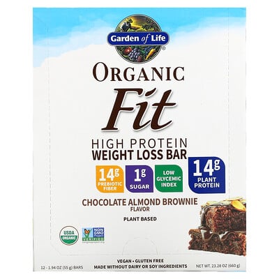 

Garden of Life, Organic Fit, High Protein Weight Loss Bar, Chocolate Almond Brownie, 12 Bars, 1.94 oz (55 g) Each