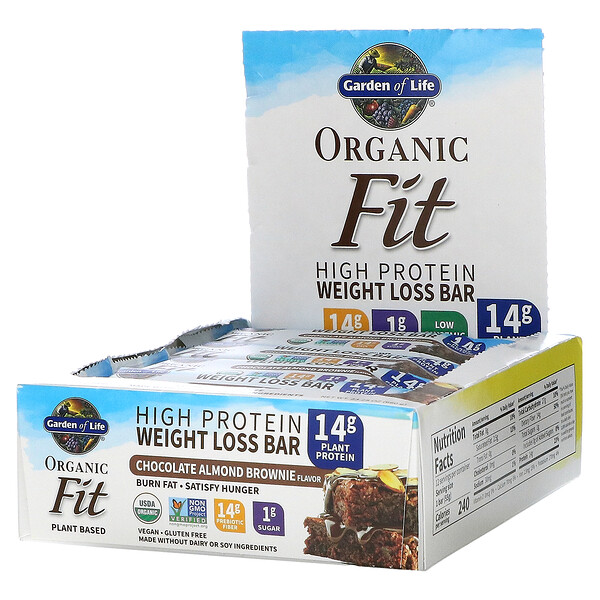 Garden of Life‏, Organic Fit, חטיף חלבון לירידה במשקל, בראוניז שקדים ושוקולד, 12 חטיפים, 55 גרם (1.94 אונקיות) כל אחד